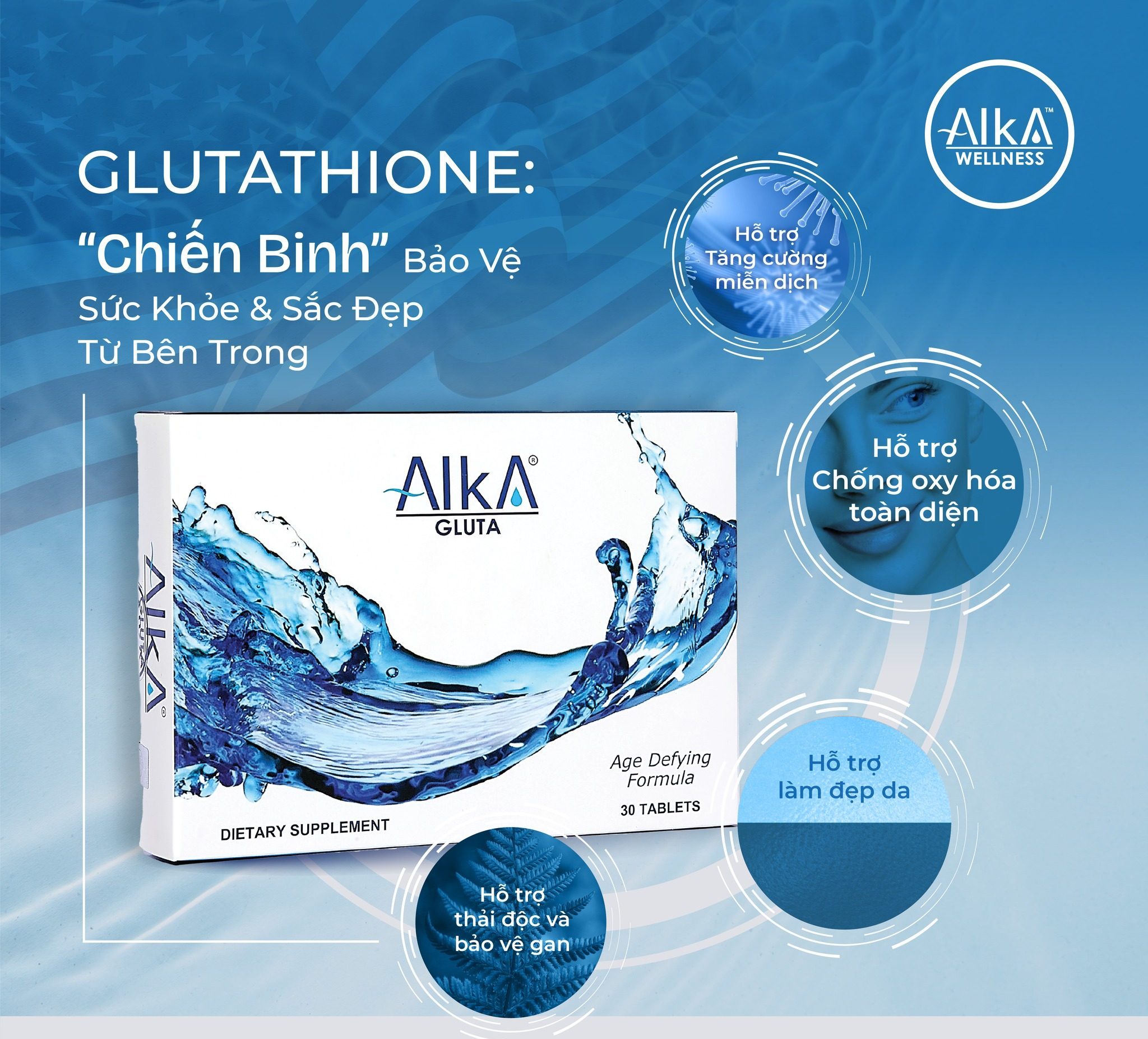Glutathione trong trợ thủ hỗ trợ bảo vệ sức khoẻ Alka Gluta.